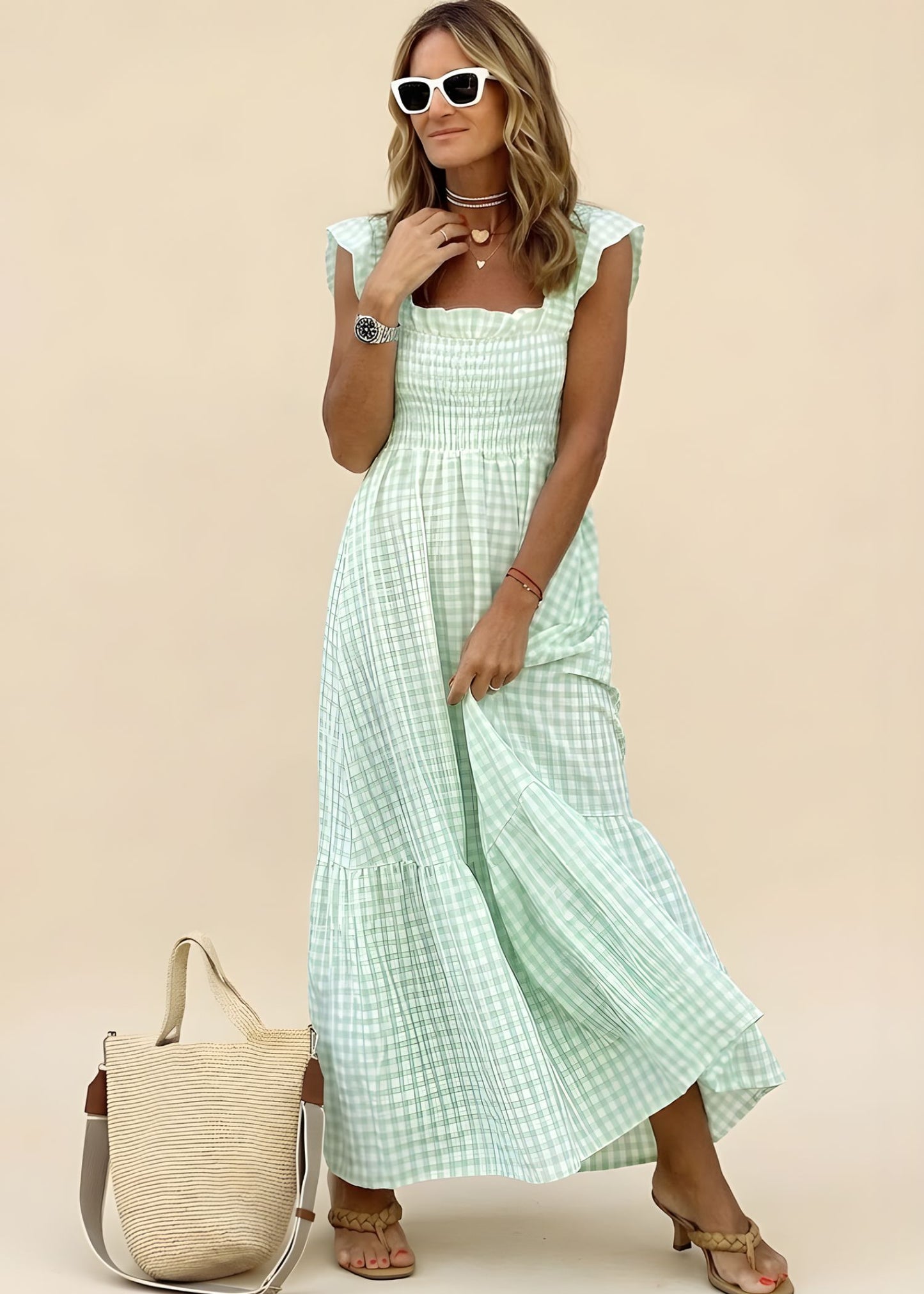 Women's Square Neck Maxi Dress with Smocked Bodice and Tiered A-Line Skirt