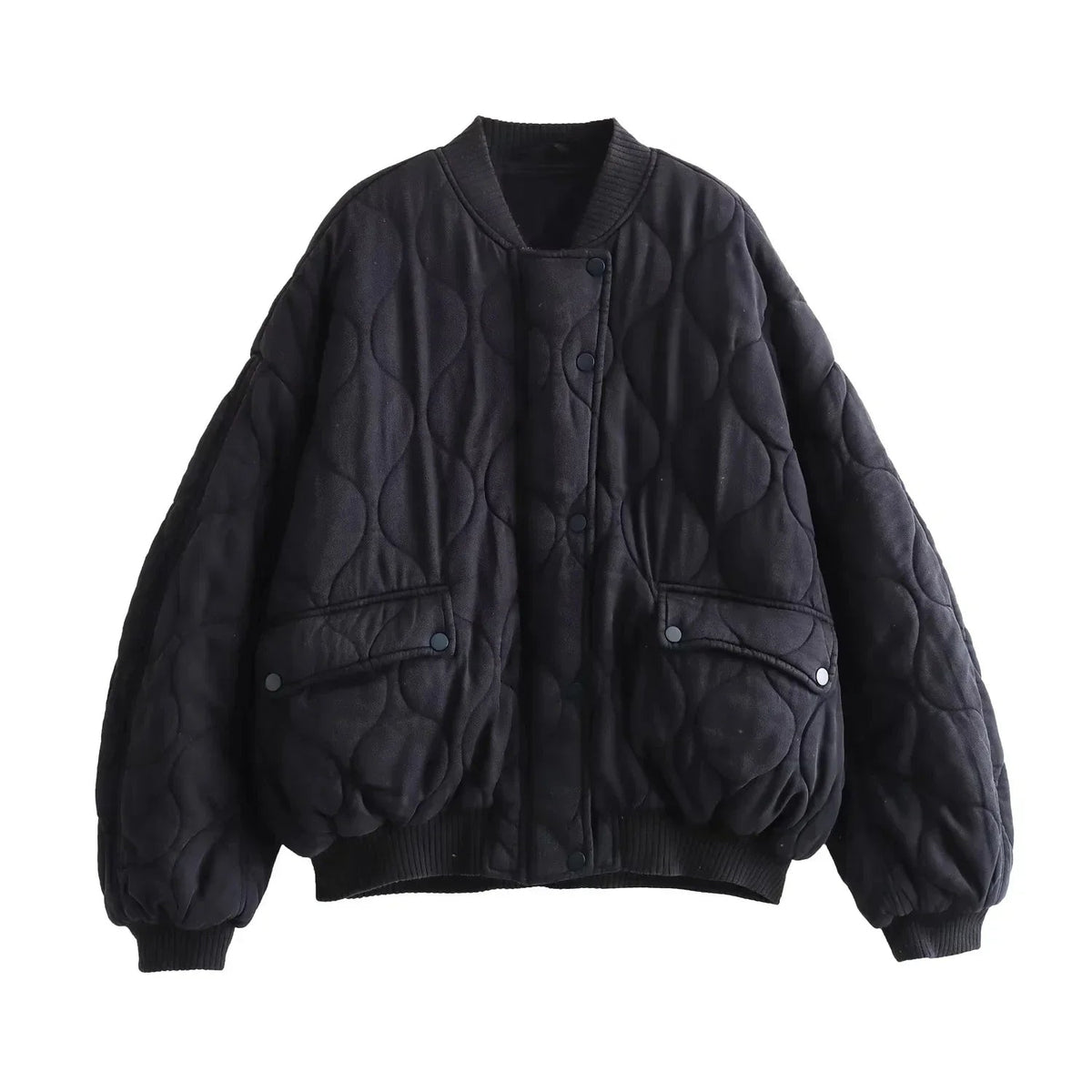 Women's Oversized Quilted Bomber Jacket with Ribbed Collar