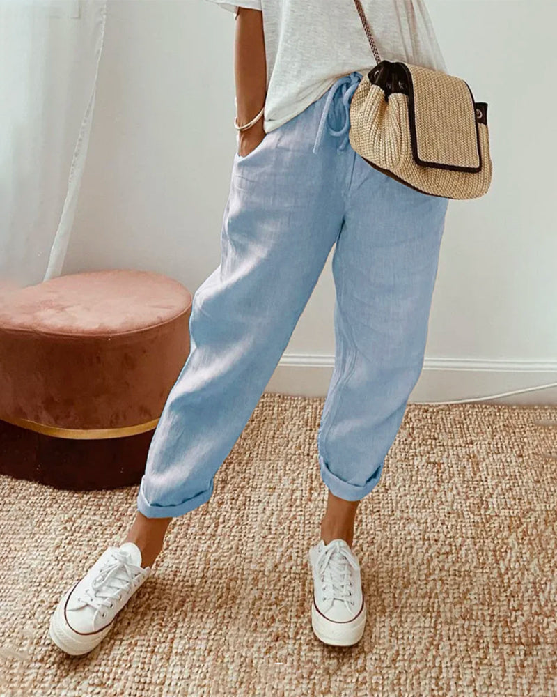 Women’s Casual Pants with Elastic Waistband and Functional Side Pockets