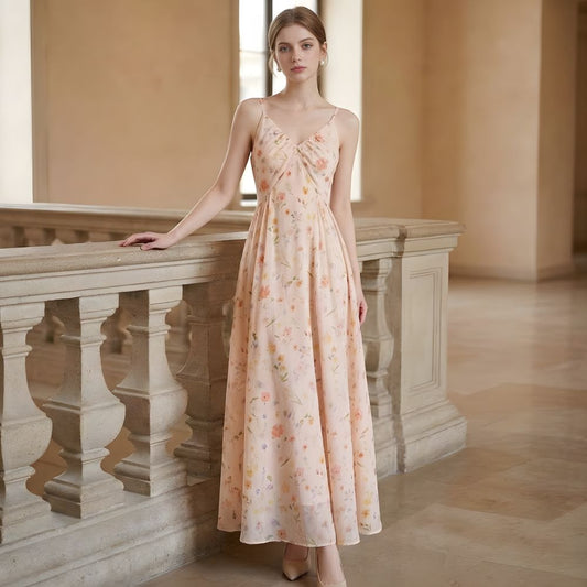 Women’s Floral Maxi Dress with Ruched V-Neck and Spaghetti Straps