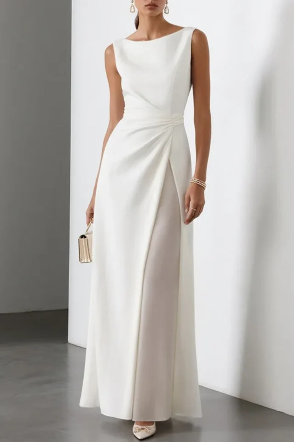 Women’s Maxi Dress with Bateau Neckline and Asymmetric Side Slit Wrap Skirt