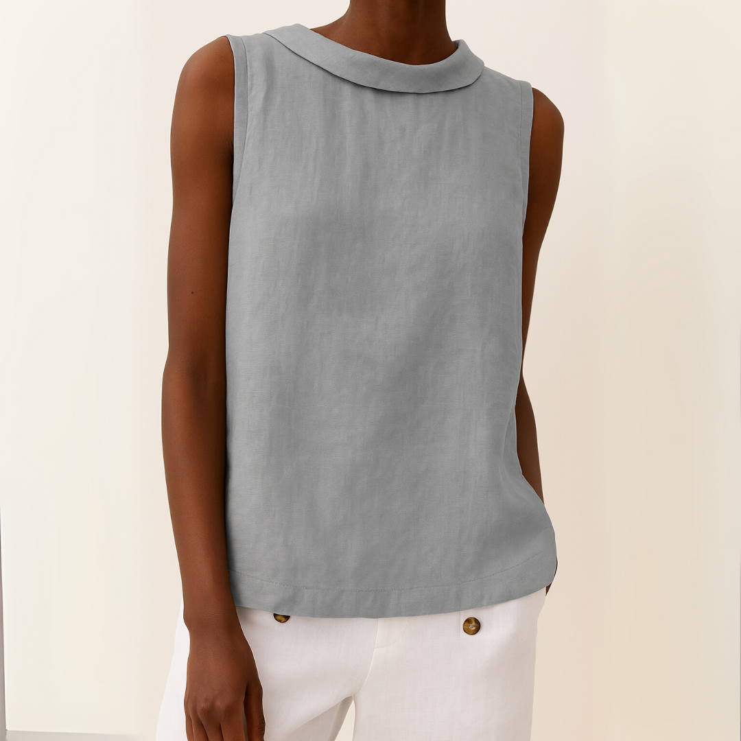 Women’s Sleeveless Linen Shell Top with Elegant Roll Collar and Minimalist Silhouette