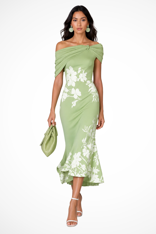 Women's Off Shoulder Floral Print Wedding Guest Midi Dress