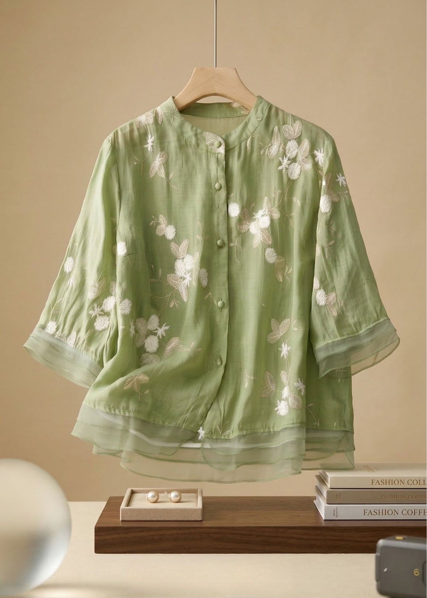 Women¡¯s Embroidered Cotton Linen Blouse with Layered Organza Trim