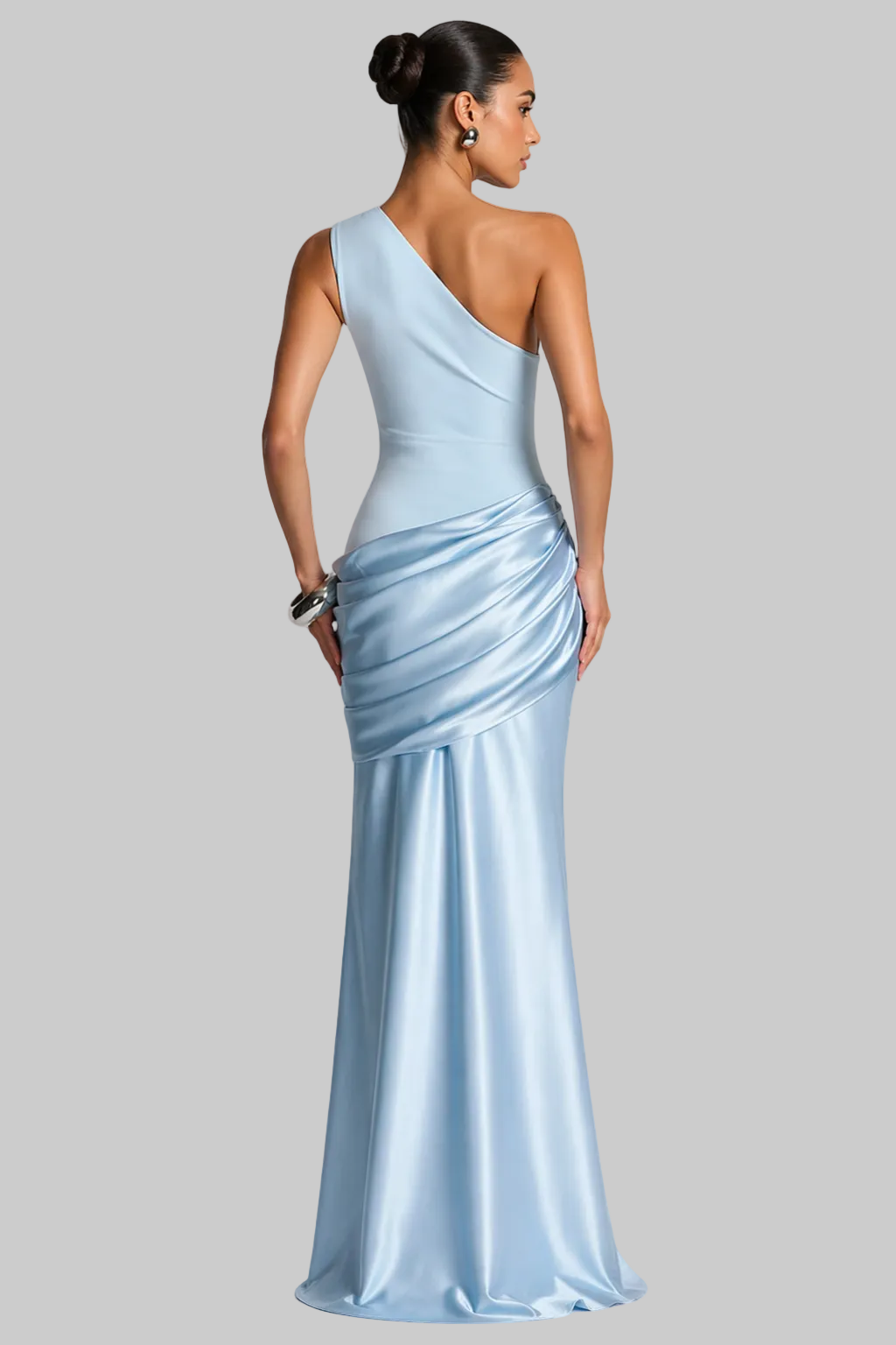Women’s Maxi Dress with Asymmetric One-Shoulder Neckline and Ruched Satin Skirt