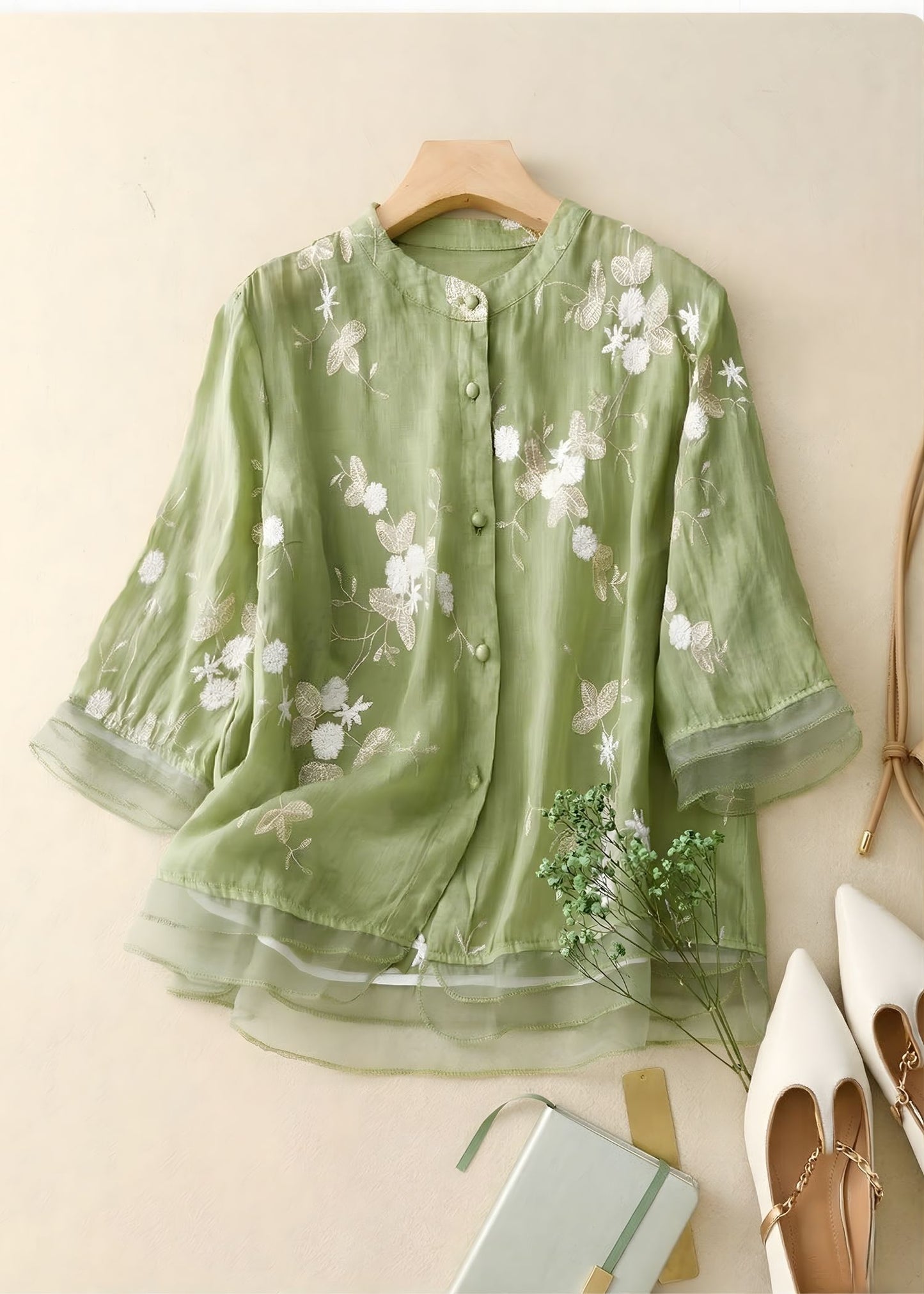 Women¡¯s Embroidered Cotton Linen Blouse with Layered Organza Trim