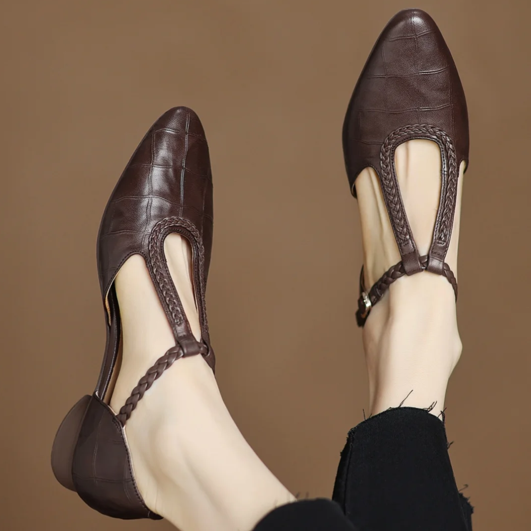 Women’s Mary Jane Flats with Pointed Toe and Braided T-Strap