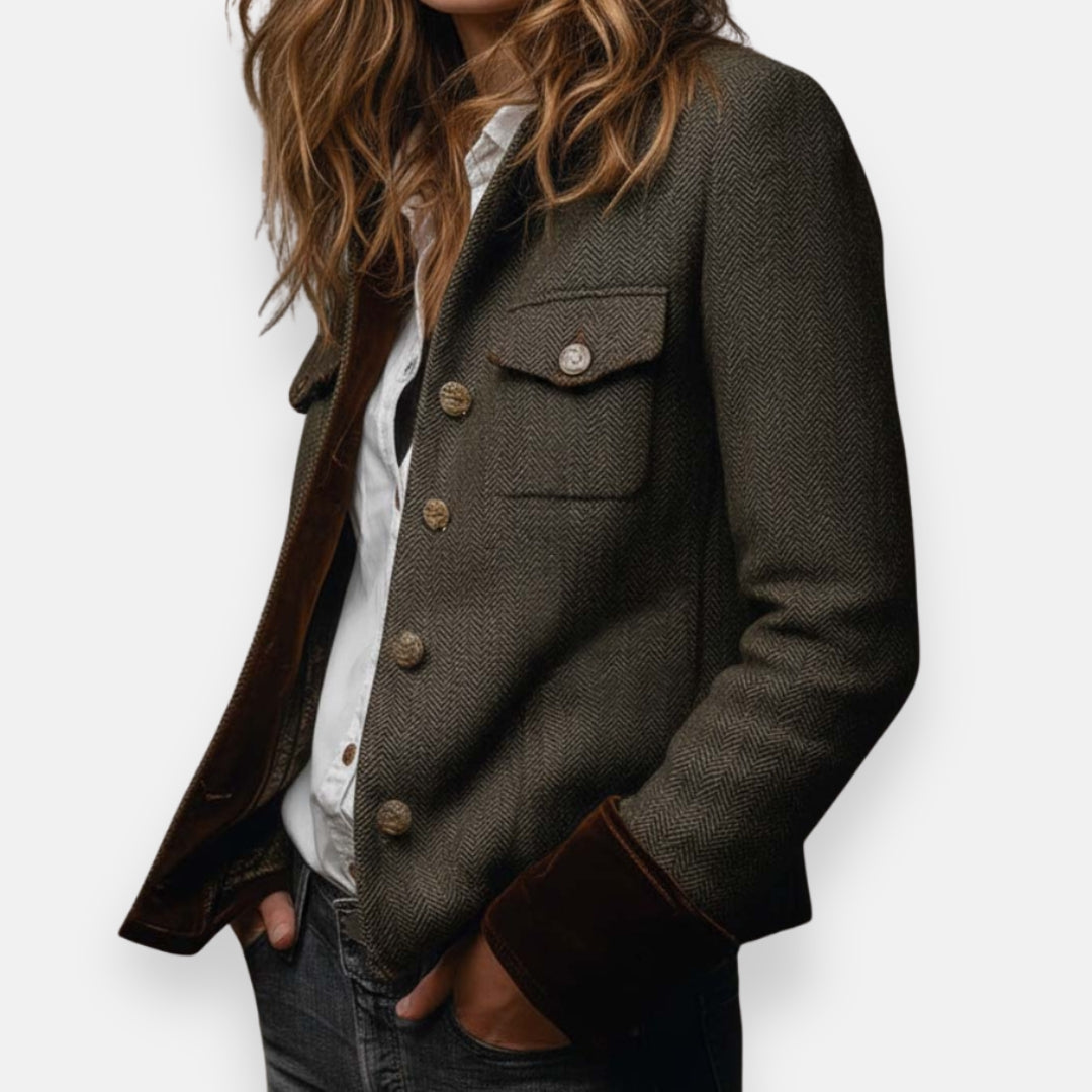 Women's Herringbone Tweed Jacket With Leather Cuff Trim