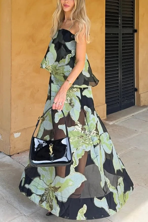 Women’s Maxi Gown with Embroidered Floral Applique and Sheer Mesh Overlay