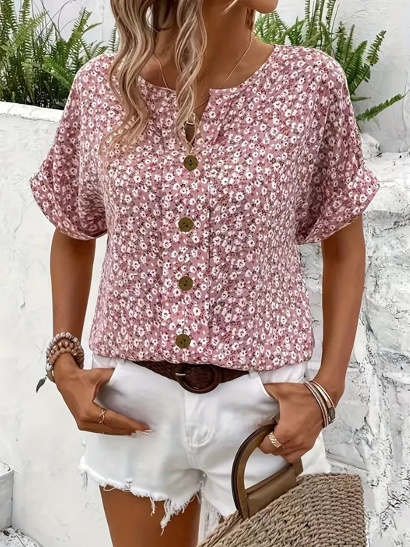 Women’s Short Sleeve Floral Blouse with Split V-Neck and Button-Down Front