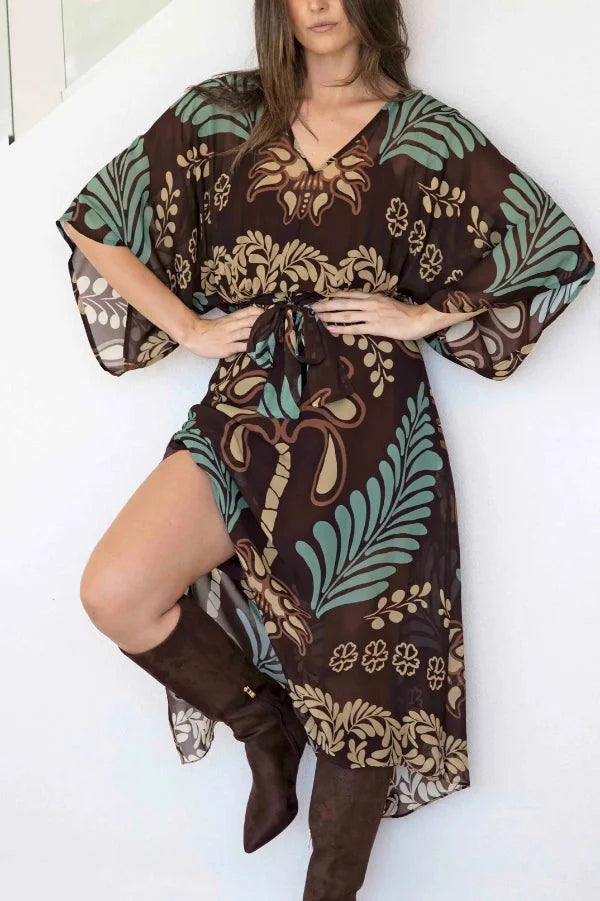 Women’s Chiffon Maxi Kaftan with Bohemian Palm Print and Adjustable Waist Belt