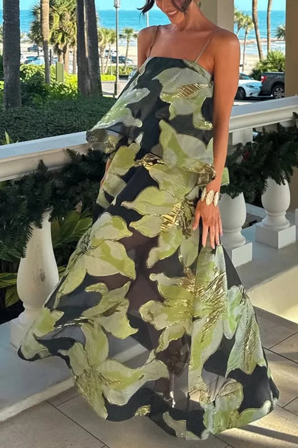 Women’s Maxi Gown with Embroidered Floral Applique and Sheer Mesh Overlay