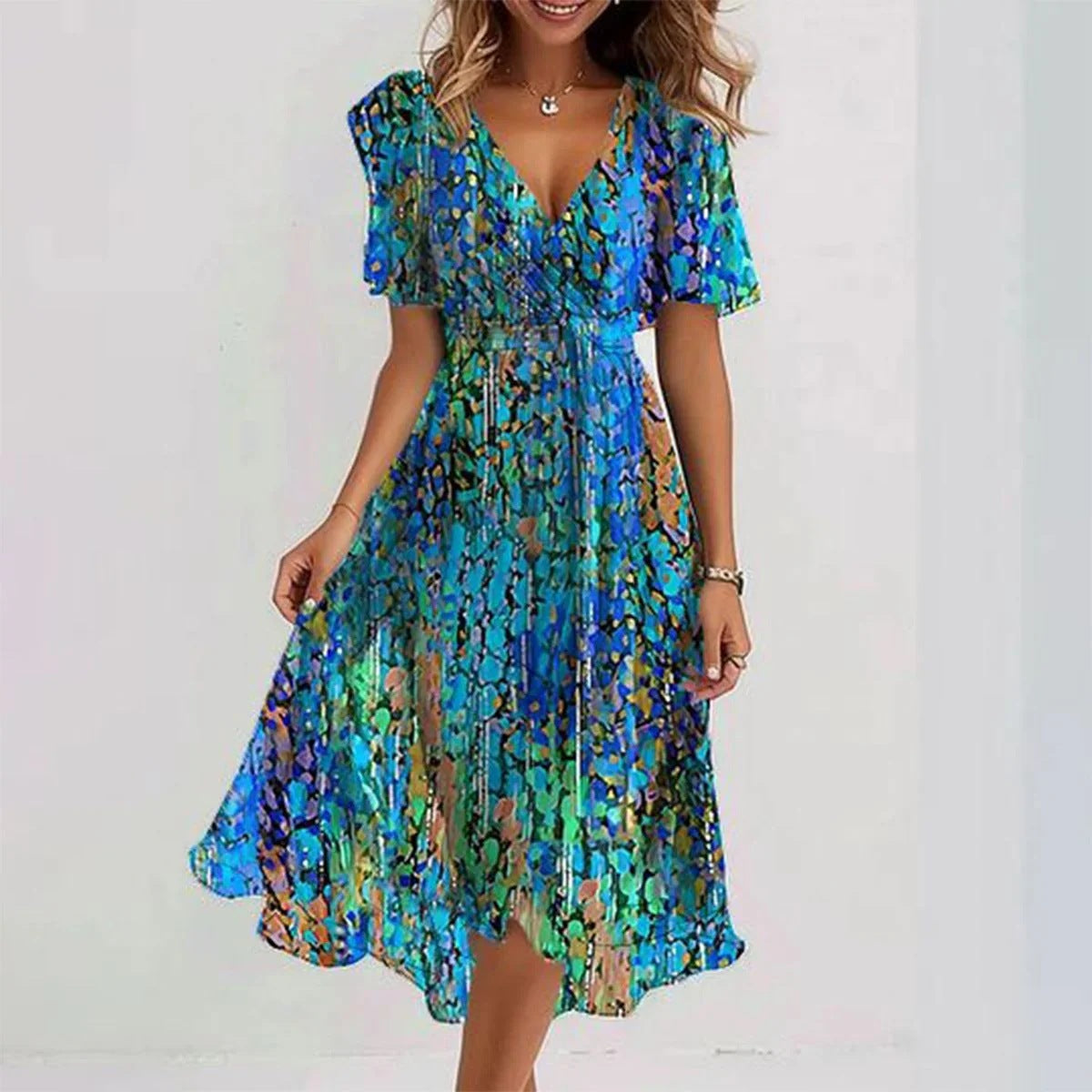 Women’s Wrap Midi Dress with Flutter Sleeves and Floral Print