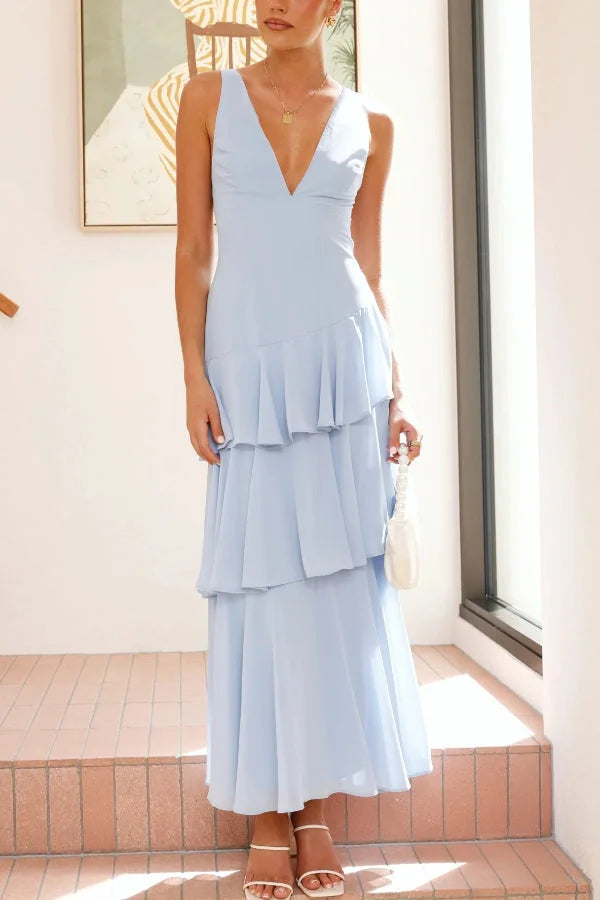 Women’s Sleeveless Maxi Dress with Tiered Skirt and Deep V-Neckline