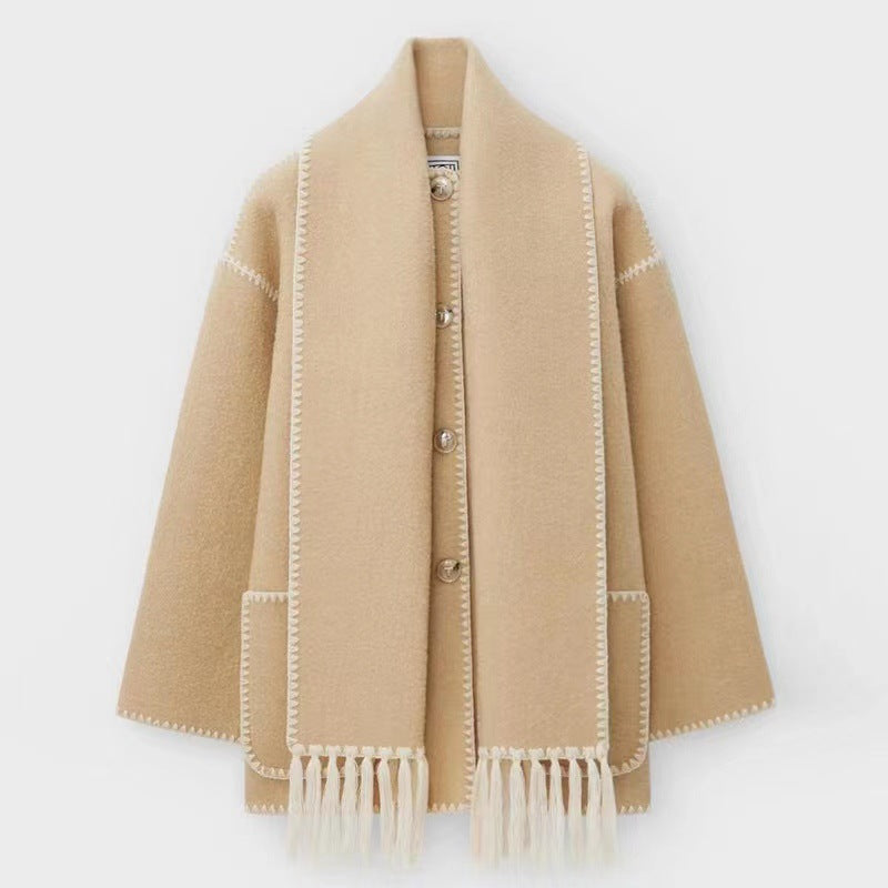 Women's Cape Coat with Contrast Trim and Fringe Detail