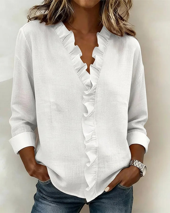Women's Linen Ruffle-Trim Button-Front Blouse With Roll-Up Sleeves