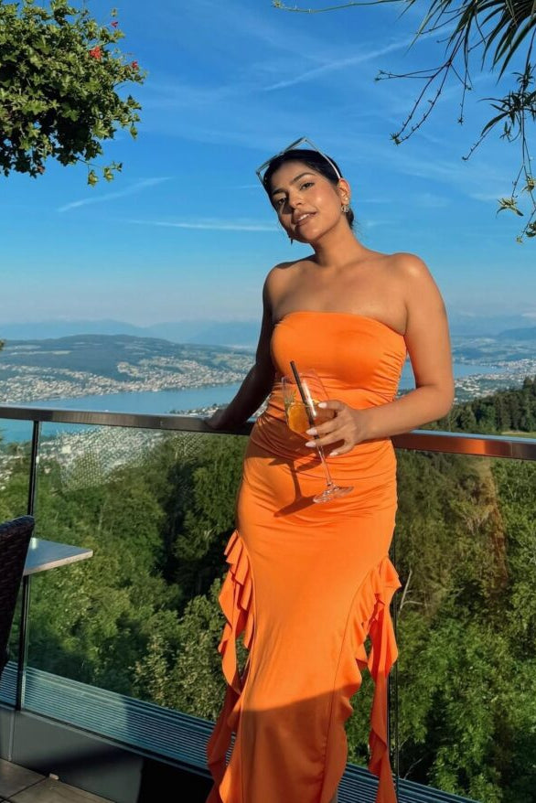 Women’s Strapless Bodycon Maxi Dress with Side Vertical Ruffle Trim