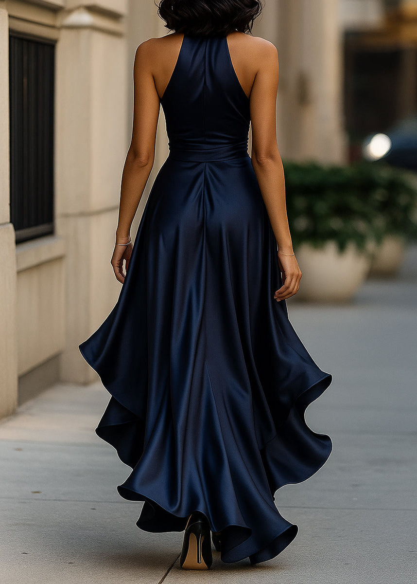 Ceylan Women’s Satin Halter Neck Gown with Asymmetric Ruffles