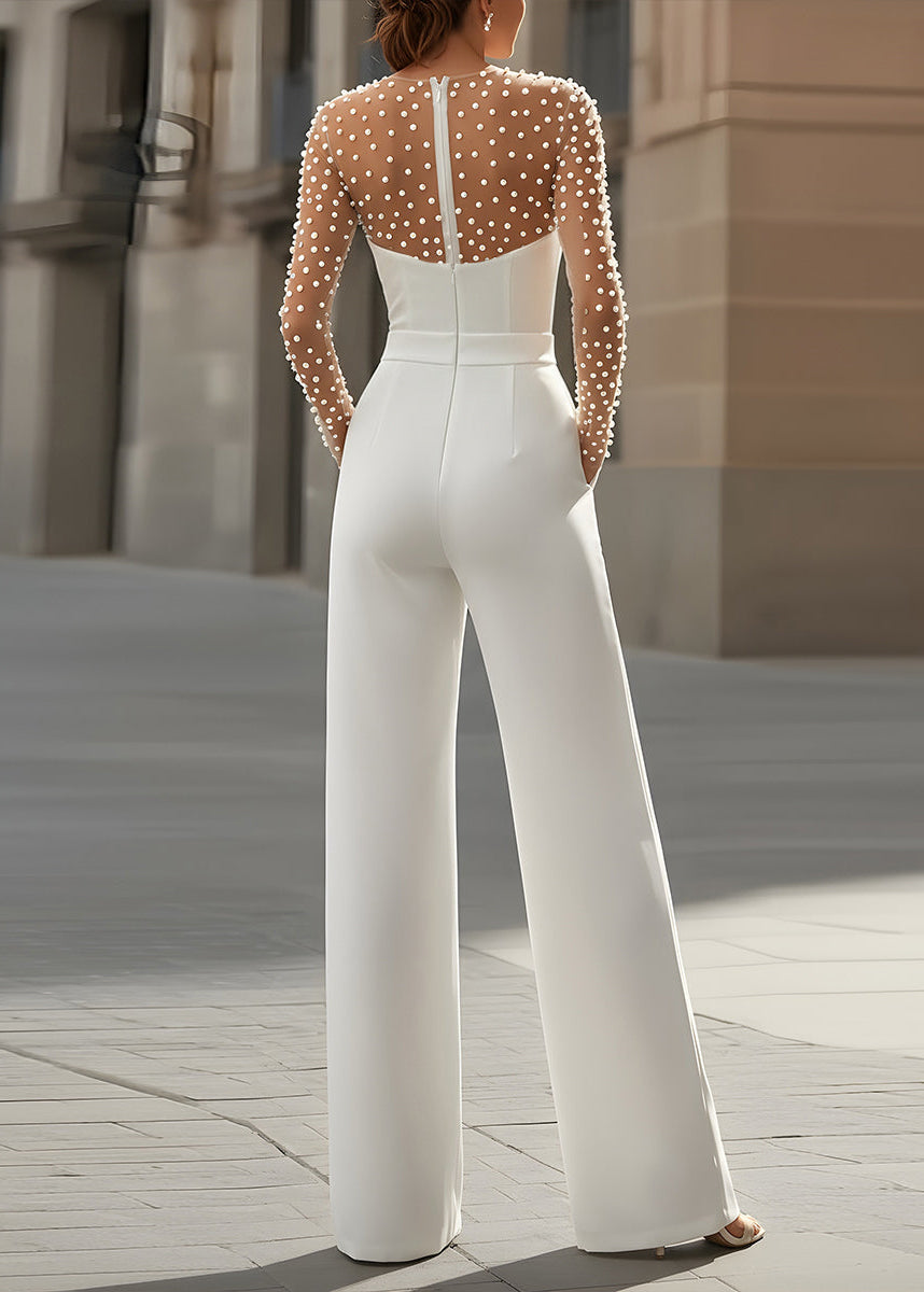 Ceylan Women’s Pearl Embellished Jumpsuit with Sheer Bodice