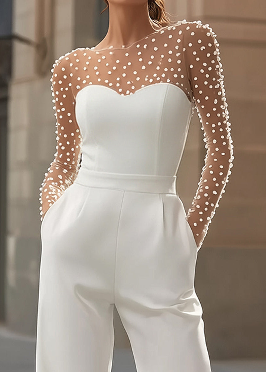 Ceylan Women’s Pearl Embellished Jumpsuit with Sheer Bodice