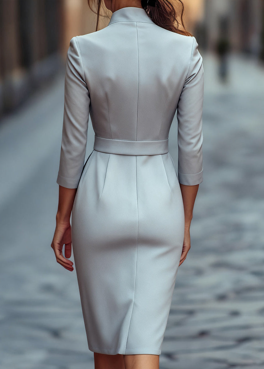 Ceylan Women’s Mandarin Collar Sheath Dress with Gold Buckle Belt