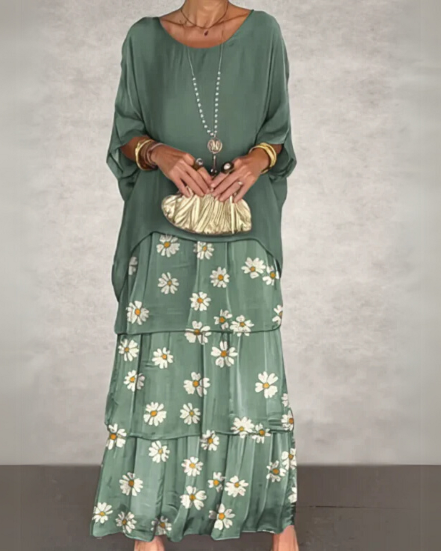 Women's Maxi Dress with Oversized Tunic Top and Tiered Abstract Print Skirt