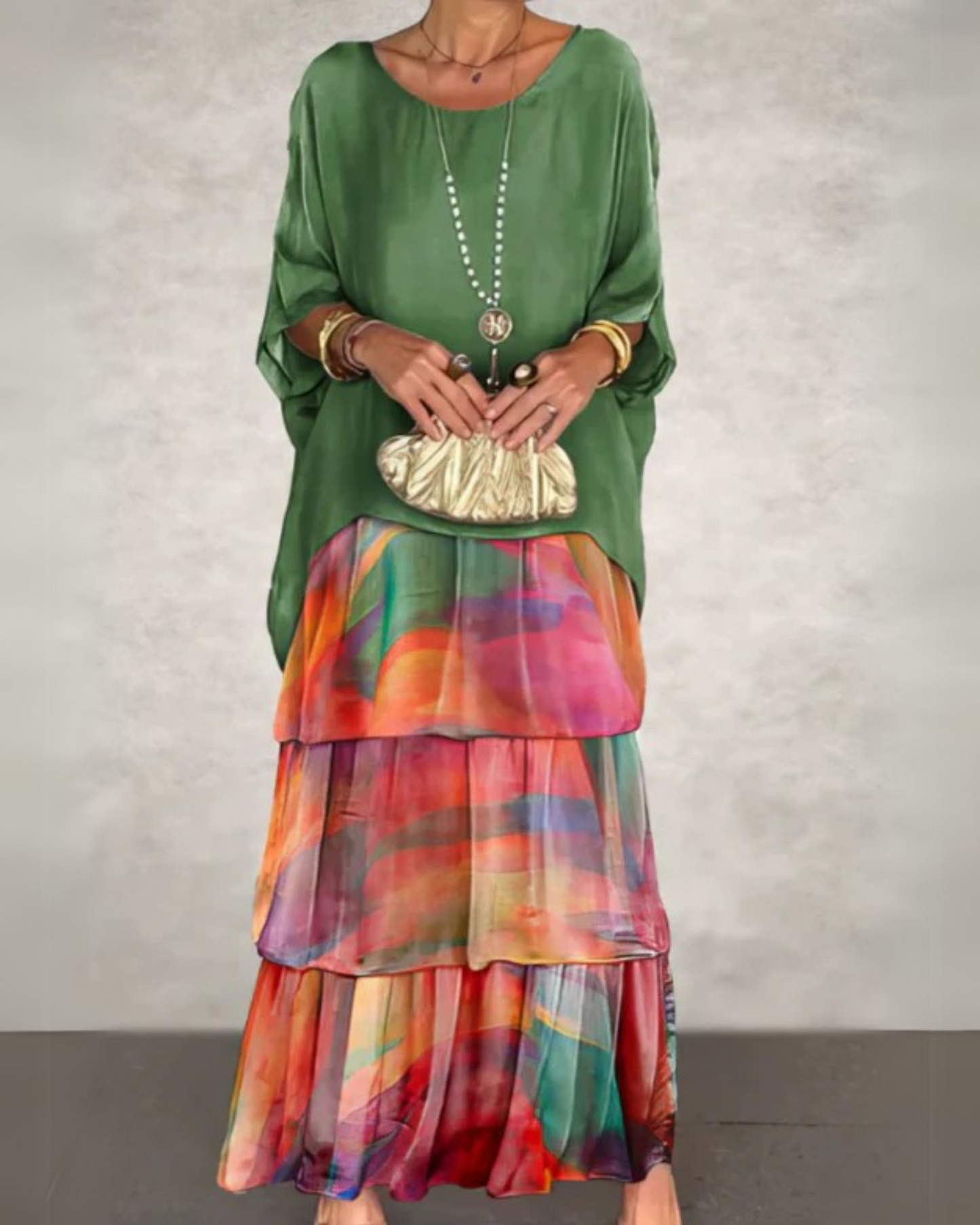 Women's Maxi Dress with Oversized Tunic Top and Tiered Abstract Print Skirt