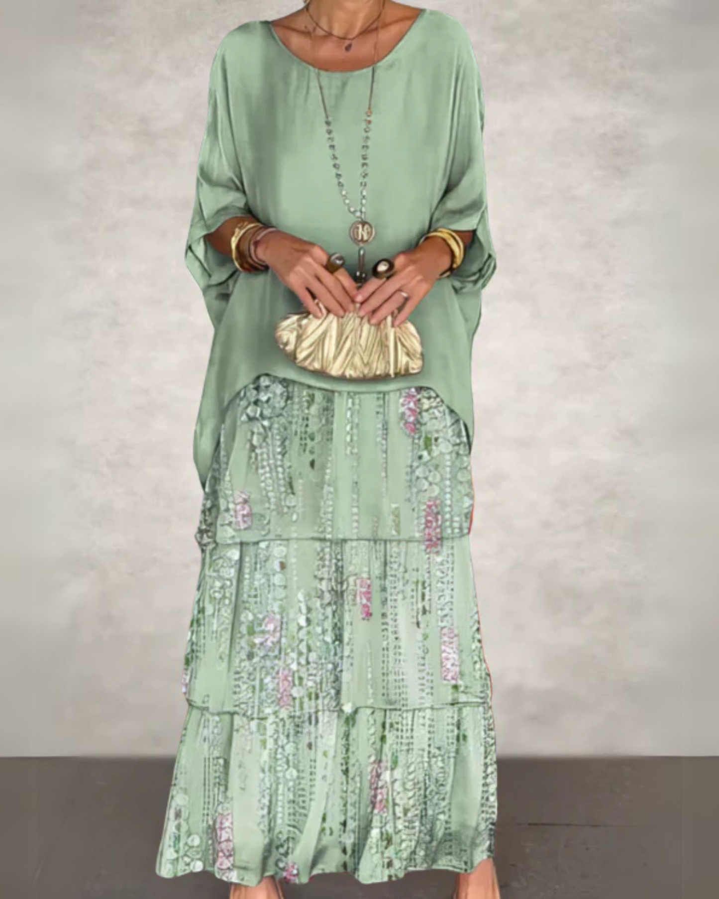 Women's Maxi Dress with Oversized Tunic Top and Tiered Abstract Print Skirt