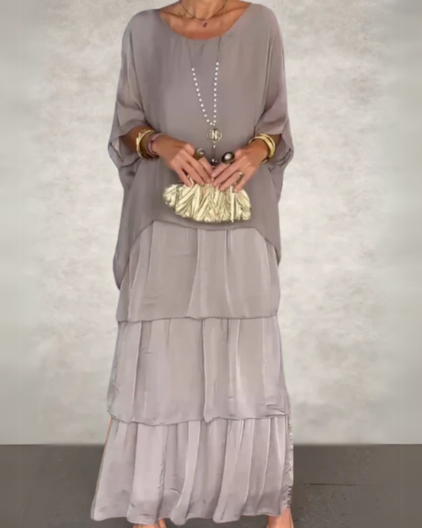 Women's Maxi Dress with Oversized Tunic Top and Tiered Abstract Print Skirt