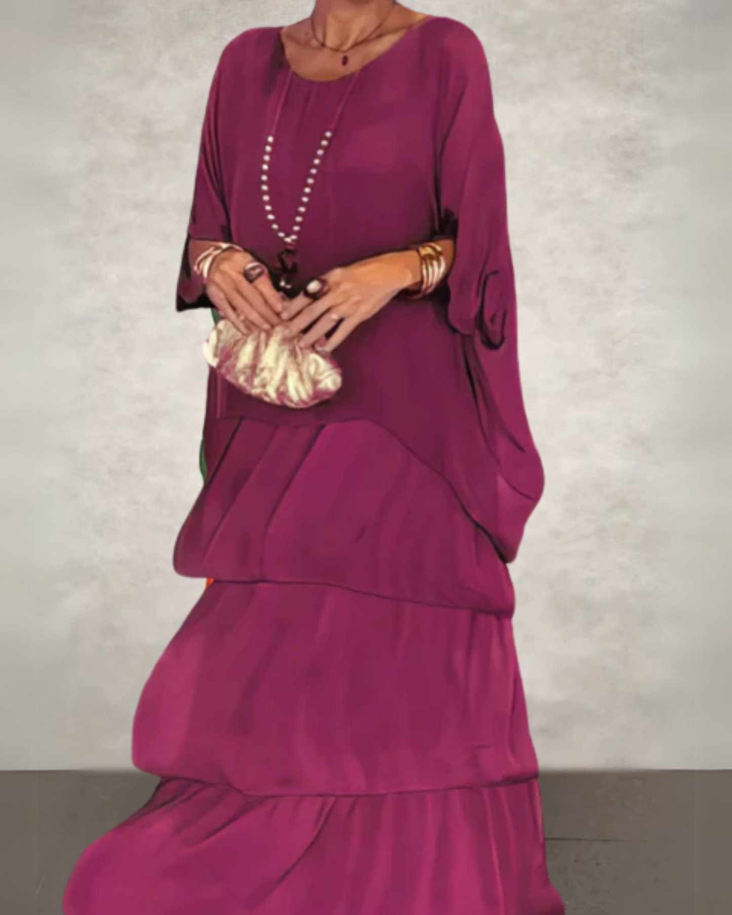 Women's Maxi Dress with Oversized Tunic Top and Tiered Abstract Print Skirt