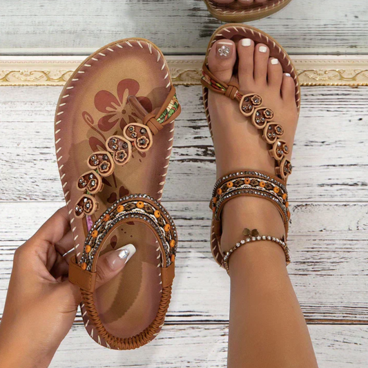 Women's Bohemian Flat Sandals with Beaded Heart Straps and Floral Print Detail