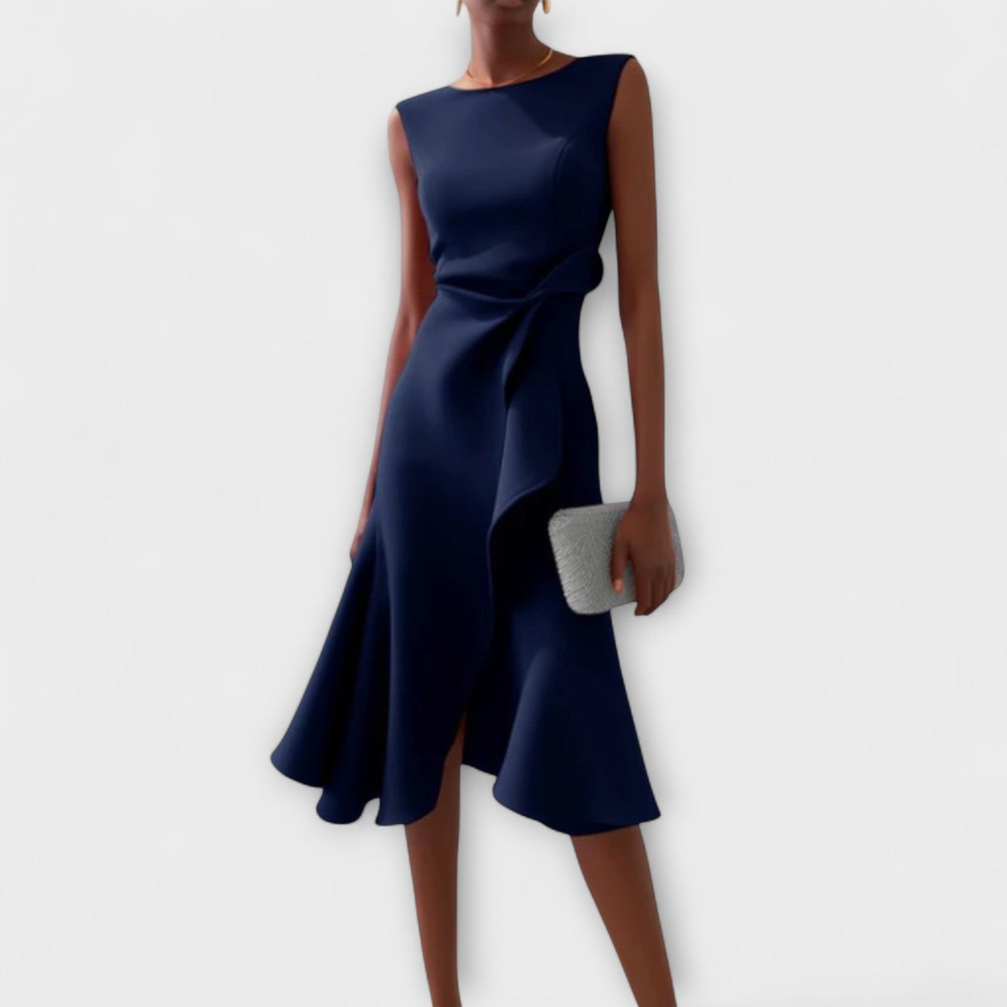Women’s Midi Dress with Asymmetric Draped Ruffle and Sleeveless Fit