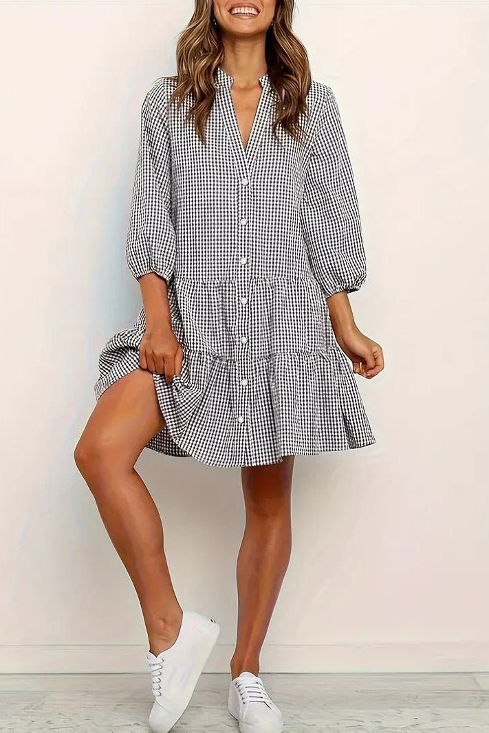 Women's Mini Dress Gingham Print Button Down 3/4 Sleeve Tiered Smock