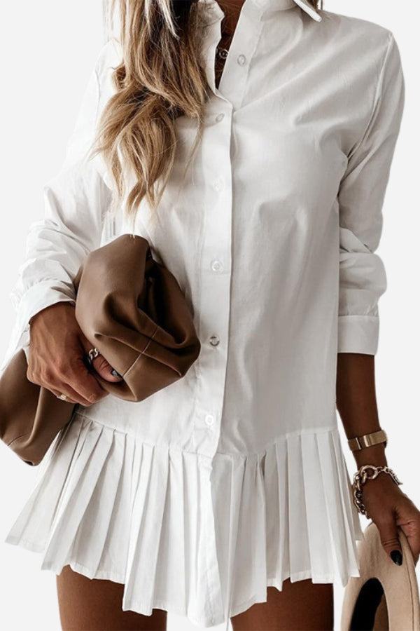 Women’s Long Sleeve Shirt Dress Button Down Mini with Pleated Drop Waist Hem
