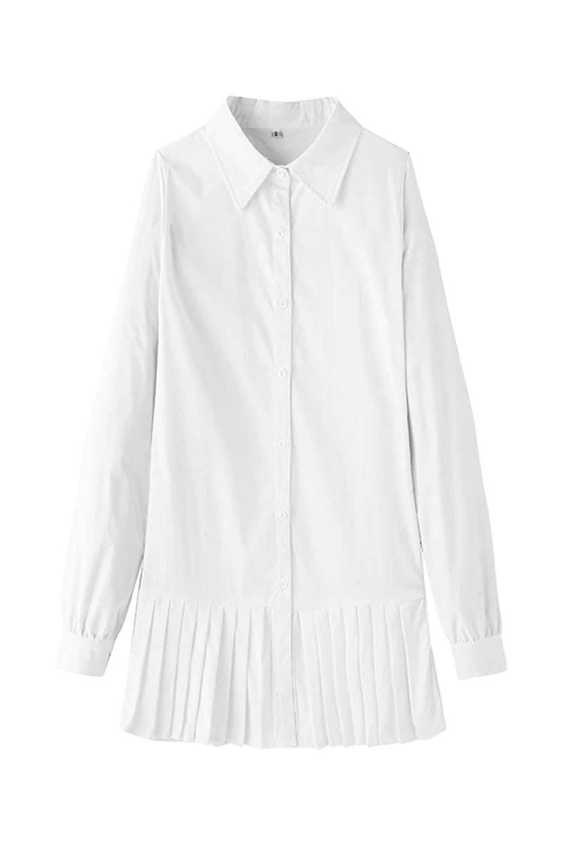 Women’s Long Sleeve Shirt Dress Button Down Mini with Pleated Drop Waist Hem