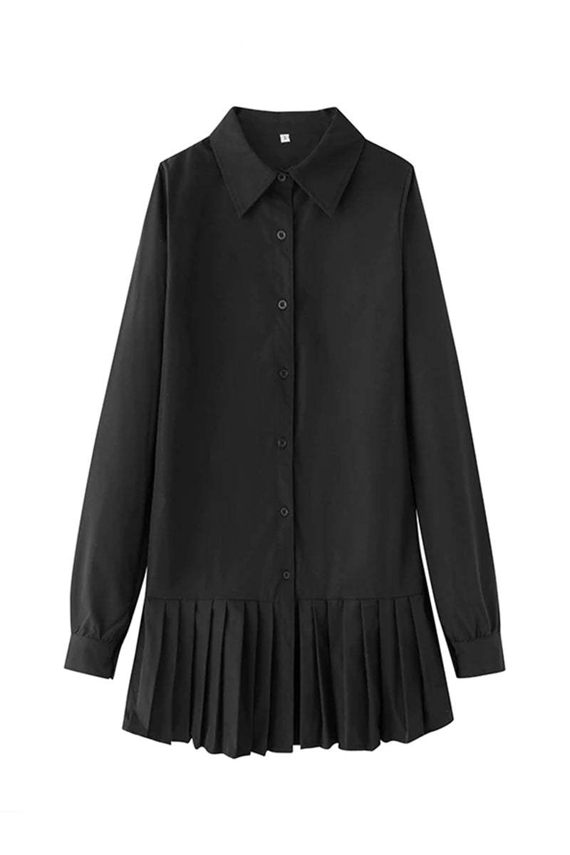 Women’s Long Sleeve Shirt Dress Button Down Mini with Pleated Drop Waist Hem