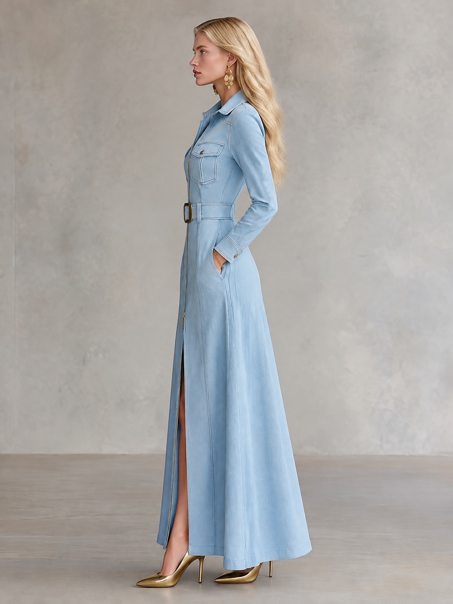 Light Blue Denim Maxi Dress Belted Zip Front Pocket Dress