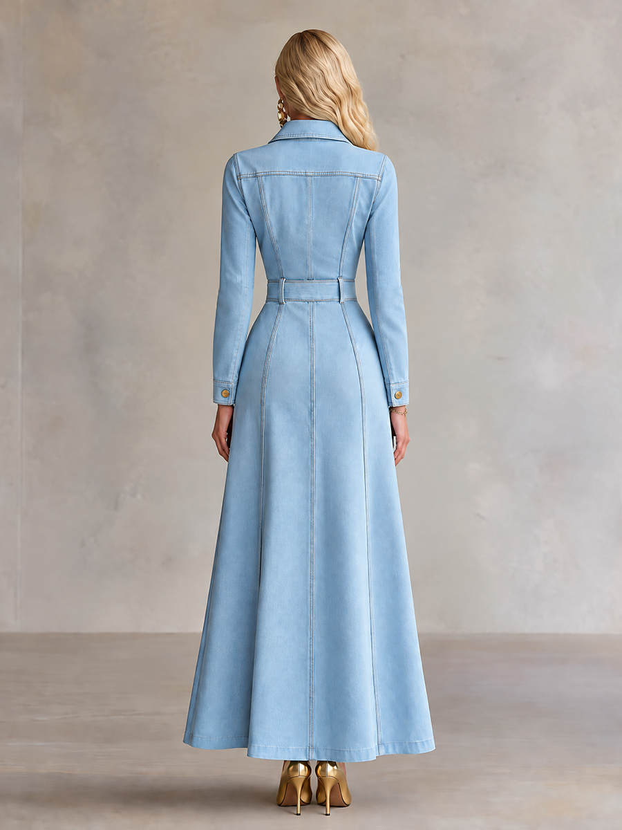 Light Blue Denim Maxi Dress Belted Zip Front Pocket Dress