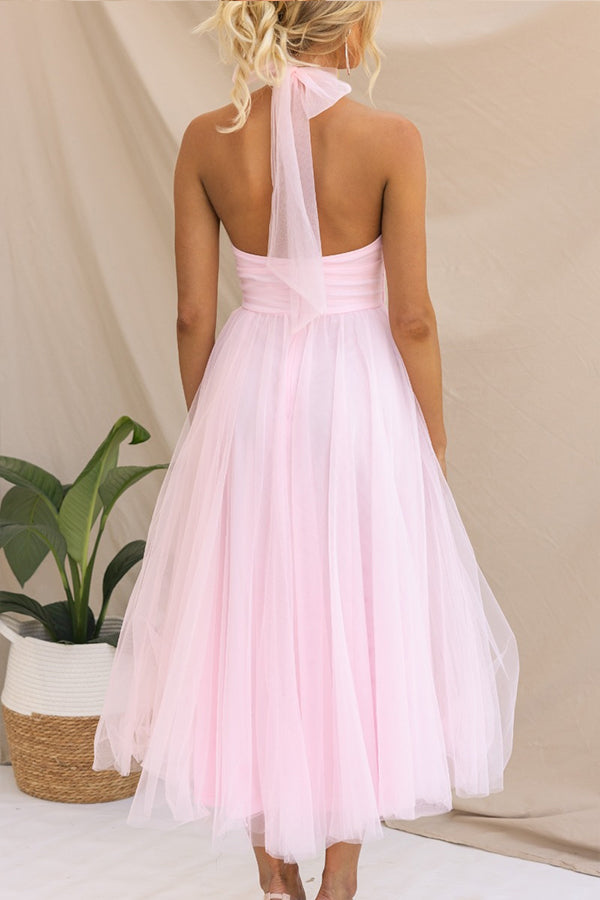 Women’s Midi Dress with Halter Neckline and Layered Tulle Skirt