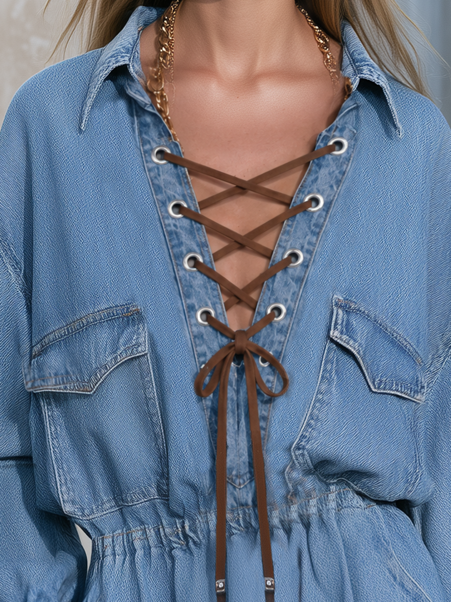 Light Blue Denim Mini Dress Lace Up Front Pocket Shirt Dress