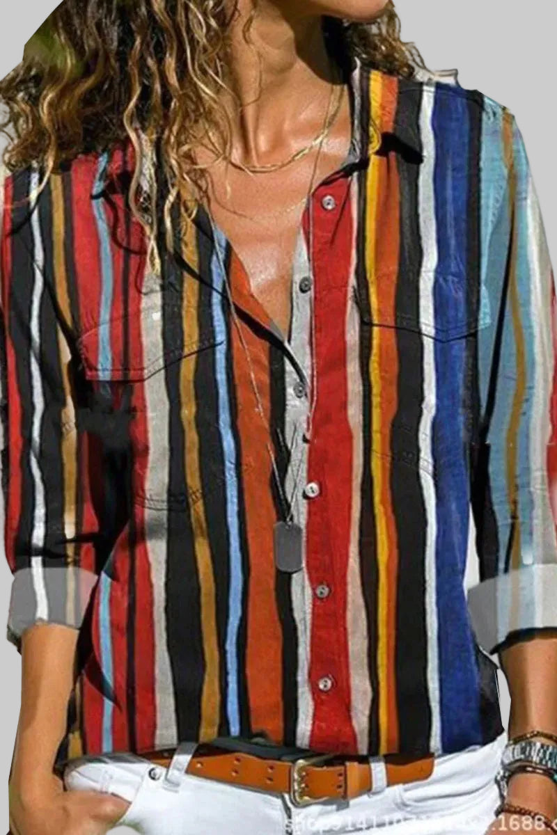 Women’s Button Down Shirt with Vertical Stripes and Long Sleeves