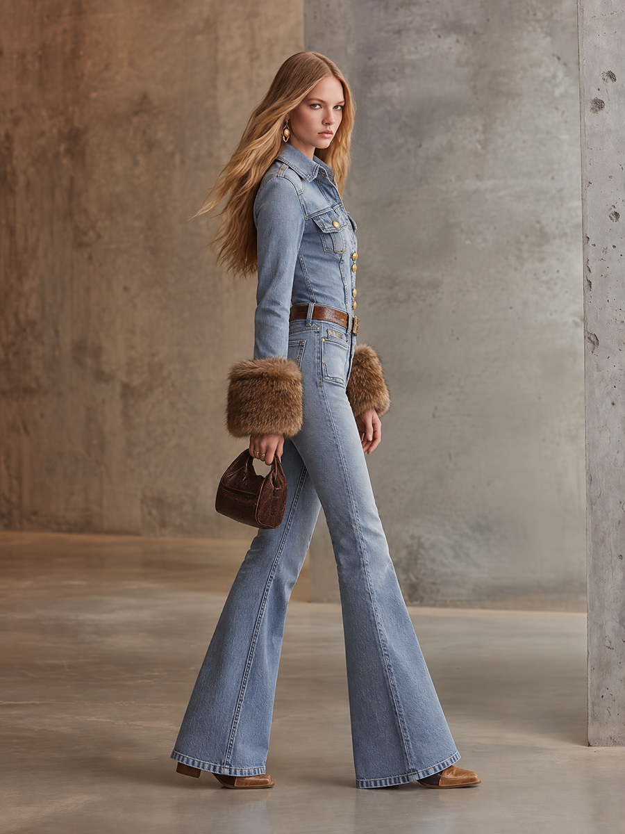 Women’s Denim Jumpsuit With Wide Leg Gold Buttons And Flared Jeans
