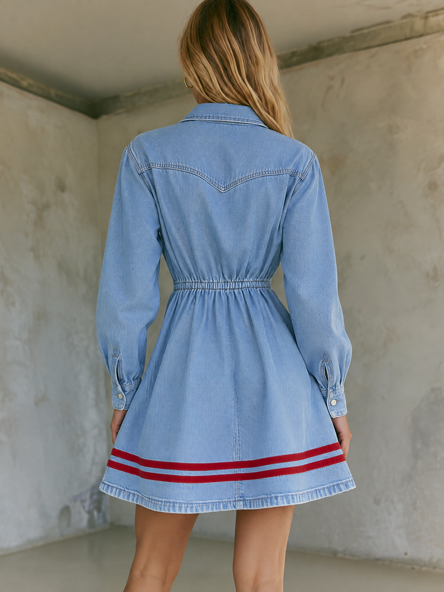 Light Blue Denim Mini Dress Button Front Drawstring Waist Stripe Hem