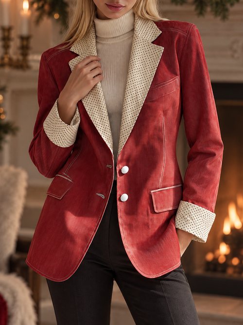 Red Polka Dot Trim Blazer For Women With Contrast Lapels And Cuffs