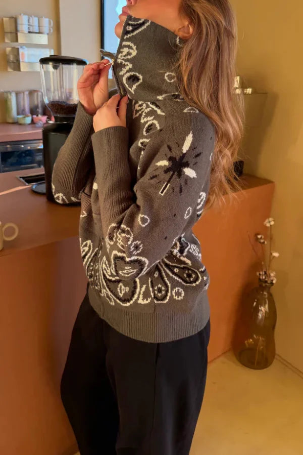 Women's Knit Zip-Up Sweater with Jacquard Paisley Print and High Turtleneck