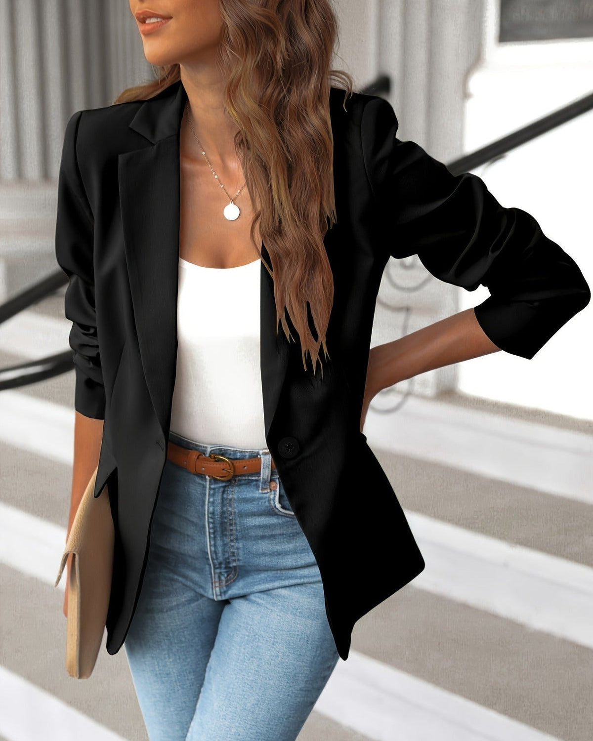 Ceylan Women’s Ruched Sleeve Blazer Tailored Single Button Jacket