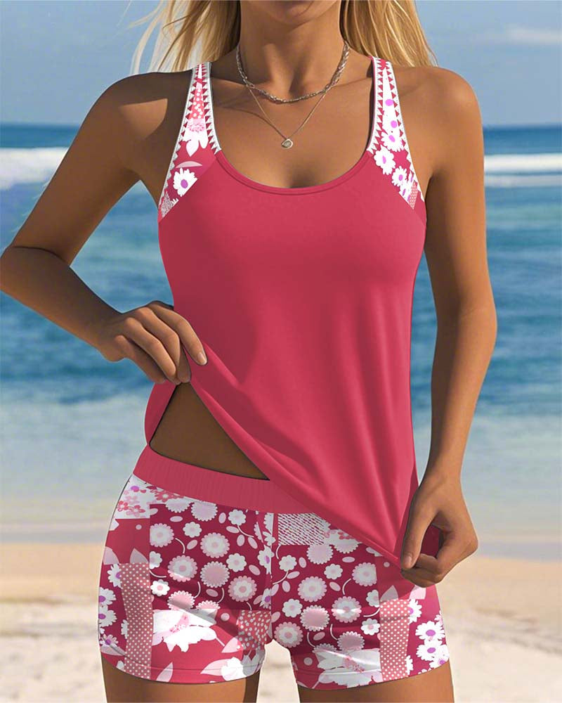 Women's Two-Piece Tankini Swimsuit with Boho Floral Boy Shorts