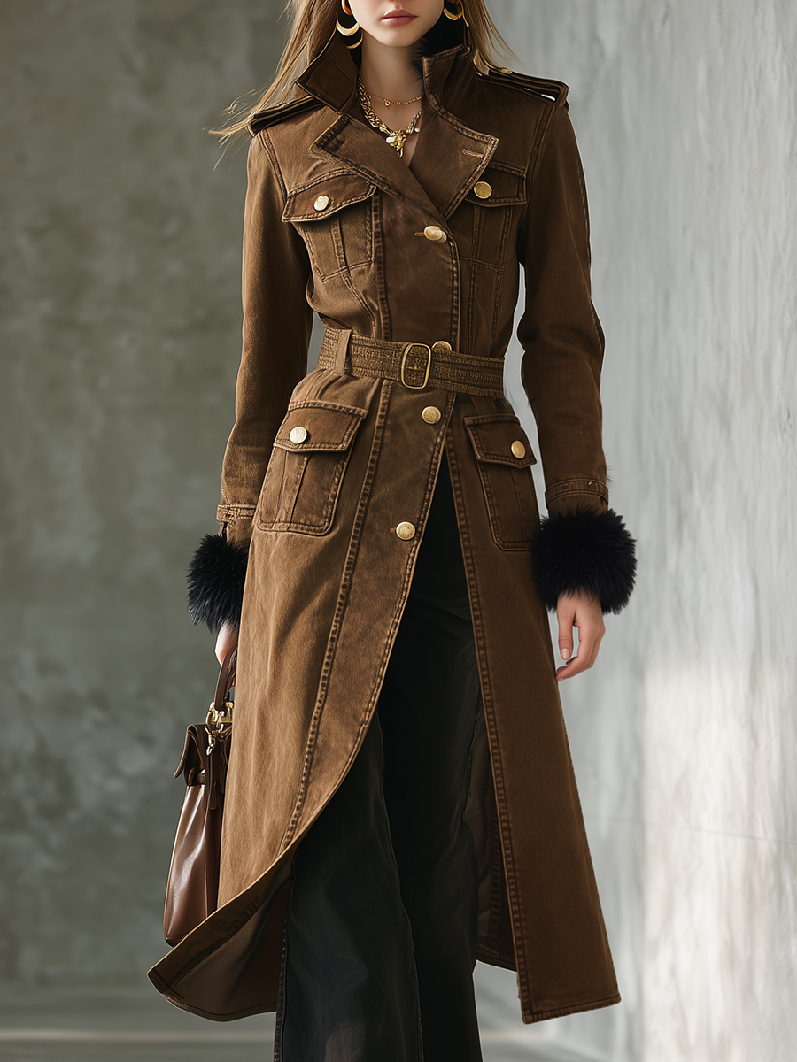 Women's Brown Belted Military Trench Coat with Faux Fur Cuffs