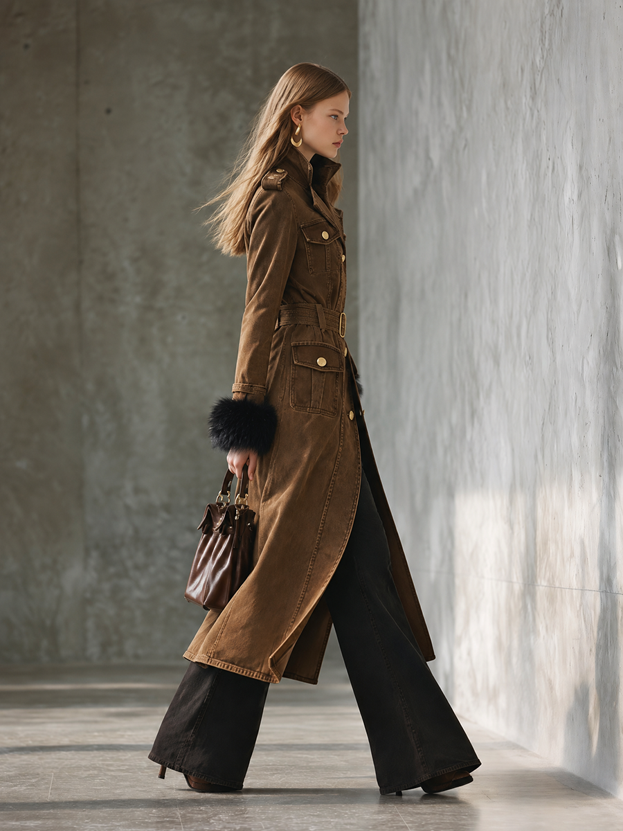 Women's Brown Belted Military Trench Coat with Faux Fur Cuffs