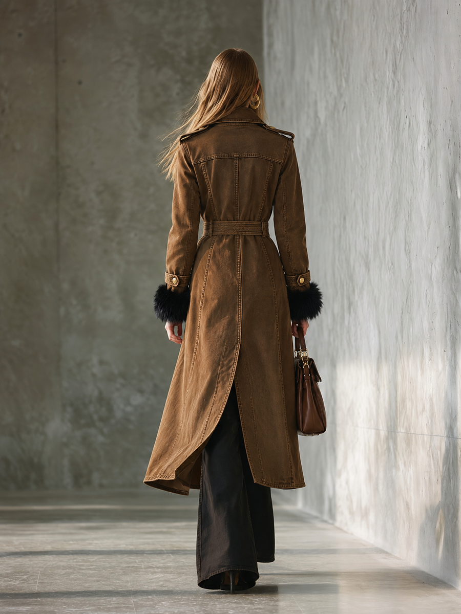 Women's Brown Belted Military Trench Coat with Faux Fur Cuffs